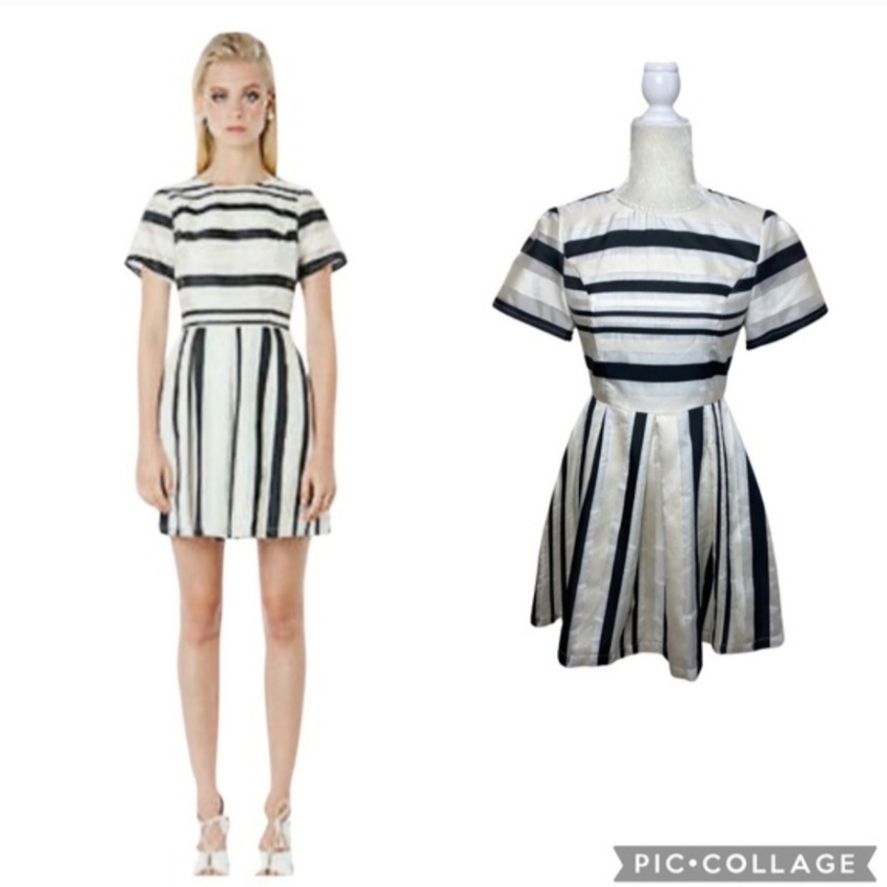 Elliatt Revolve Cream & Black Stripe Fit & Flare Short Sleeve Dress, Size S